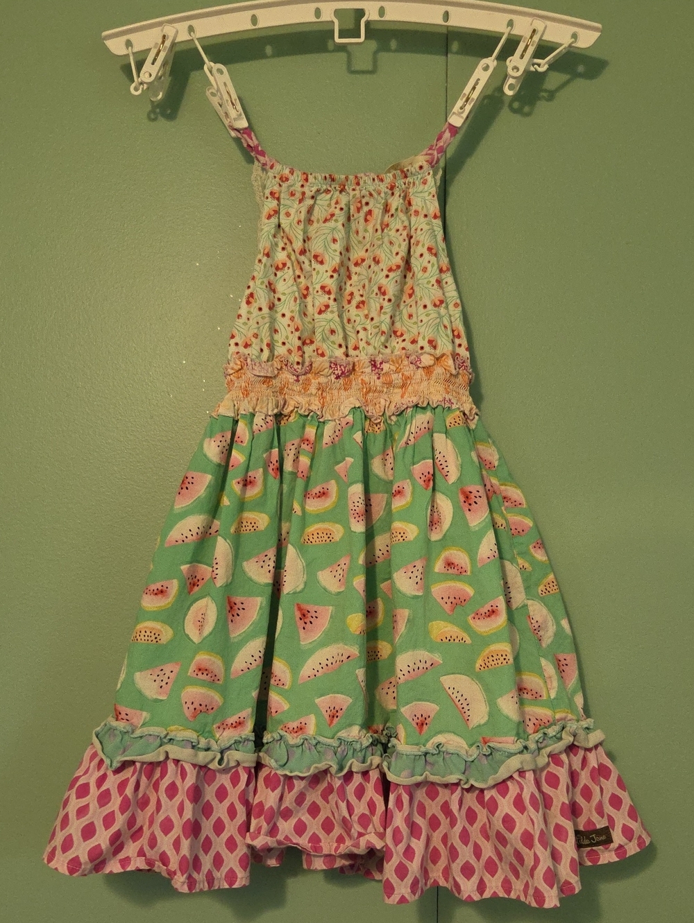 Matilda Jane Girls' Green Watermelon Print Sundress with Pink Ruffle Size 6